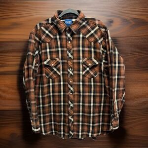 Vintage Chore Pearl Snap Plaid Western XLT /XXL Shacket Rodeo Brown Cowboy Barn